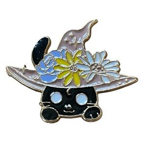 NWT Multicolored Black Cat Wearing Floral Hat Enamel Pin Brooch